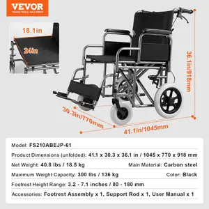 VEVOR Wheelchair, Carbon Steel Transport Chair for Adults, Foldable Wheelchair with Detachable Armrest, Self-locking Brake, 24-Inch Wide Seat, 300lbs Weight Capacity, for the Disabled Move Freely