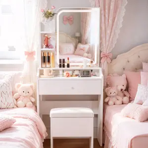 White Bedroom Makeup Vanity Set - Small Exquisite Table with Mirror, Lights, Storage Drawers, 3-Tier Shelves, and Matching Chair hidden
