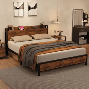 King Size Bed Frame with Storage Headboard – Industrial Platform, Charging Station & USB Ports, No Box Spring Needed – Easy Assembly Mattress Foundation