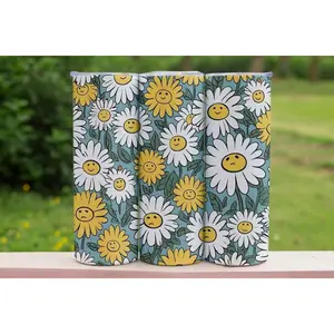 Smiley Daisy 20oz Skinny Tumbler, Retro Flower Stainless Steel Travel Mug, Cute Aesthetic Tumbler, Gift for Her, 70s Floral Water Bottle