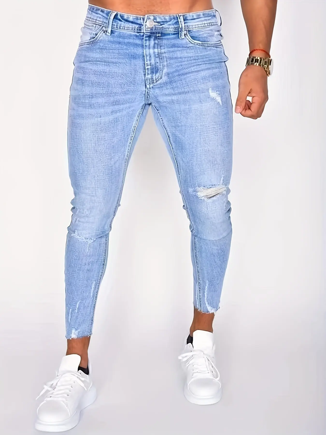 Men's Slim-Fit Ripped Light Blue Mid Waist Lightweight Cotton Above Ankle Denim Jeans - Menswear Trouser, Casual Pants, Summer Streetwear Skinnies, Denim Skinnies, Ripped Denim
