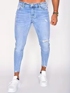 Men's Soft Slim-Fitting Cotton Denim Jeans - Mid Waist, Lightweight Ankle Length, Plain Light Blue Ripped Trouser, Narrow Thigh-Fitting Flattering Streetwear Pants, Bleach Leggings-Inspired Casual Bottoms with Pocket for Summer & All Seasons
