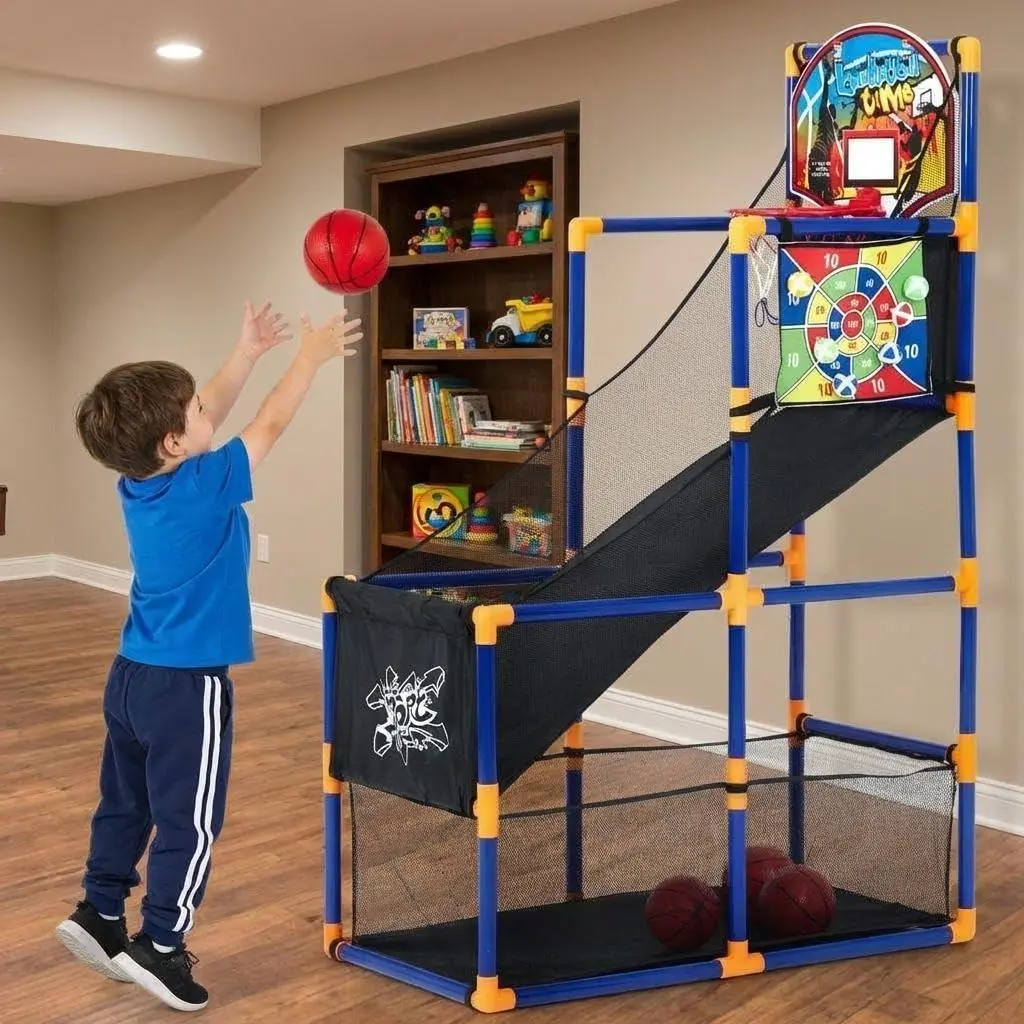 Garvee 2-in-1 Kids Basketball Arcade Game Set with 4 Mini Basketballs and 6 Sticky Toss Balls, Indoor & Outdoor, Height Adjustable Hoop and Dart Game Sports Toy with Ball Return Ramp for Boys & Girls Ages 3+