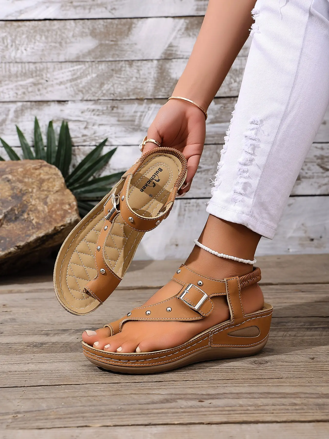 2026 New Studded Elastic Strap Wedge Platform Sandals for Women, Fashionable Wedge Shoes, Lightweight PU Sole Orthopedic Comfort Shoes, Summer Walking Footwear