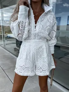 Women's Casual Loose-Fit Button Front Long Sleeve Top & Shorts Set, Spring Fashion Woven Fabric, Solid, Elegant Daily Wear for Women, Lady, Womenswear