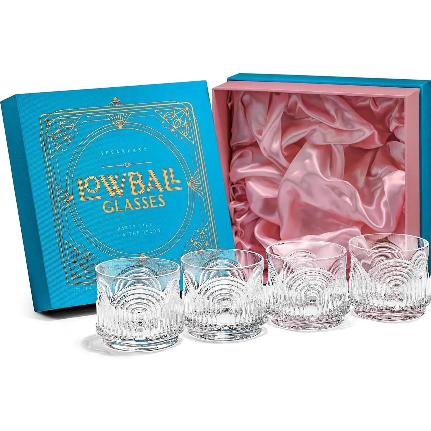 Art Deco 1920s Lowball  Glasses | Set of 4 | 9 oz  Old Fashioned Glassware for Drinking Classic Bar Drinks | Heavy Base Short Rocks Tumblers for Women