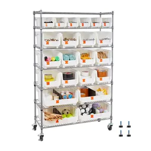 7-Tier Rolling Bin Storage Rack With 22 Organizer Bins, Bin Rack Storage Steel Wire Shelving System On Wheels, Mobile Tool Organizer For Garage, Warehouse, Office, Restaurant, Classroom, Kitchen