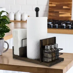 Burnt Wood, Industrial Matte Black Metal Dining Caddy with Paper Towel Roll Dispenser Stand, Napkin Holder, Spice Rack