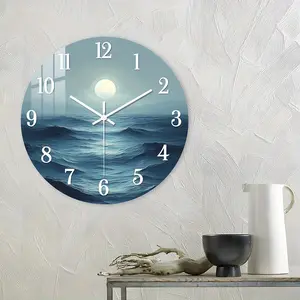 Acrylic Wall Clock, Moonlight Ocean Design, Silent Mechanism, Ideal for Living Room, Beach House Decor, Nautical Gift, Battery Operated