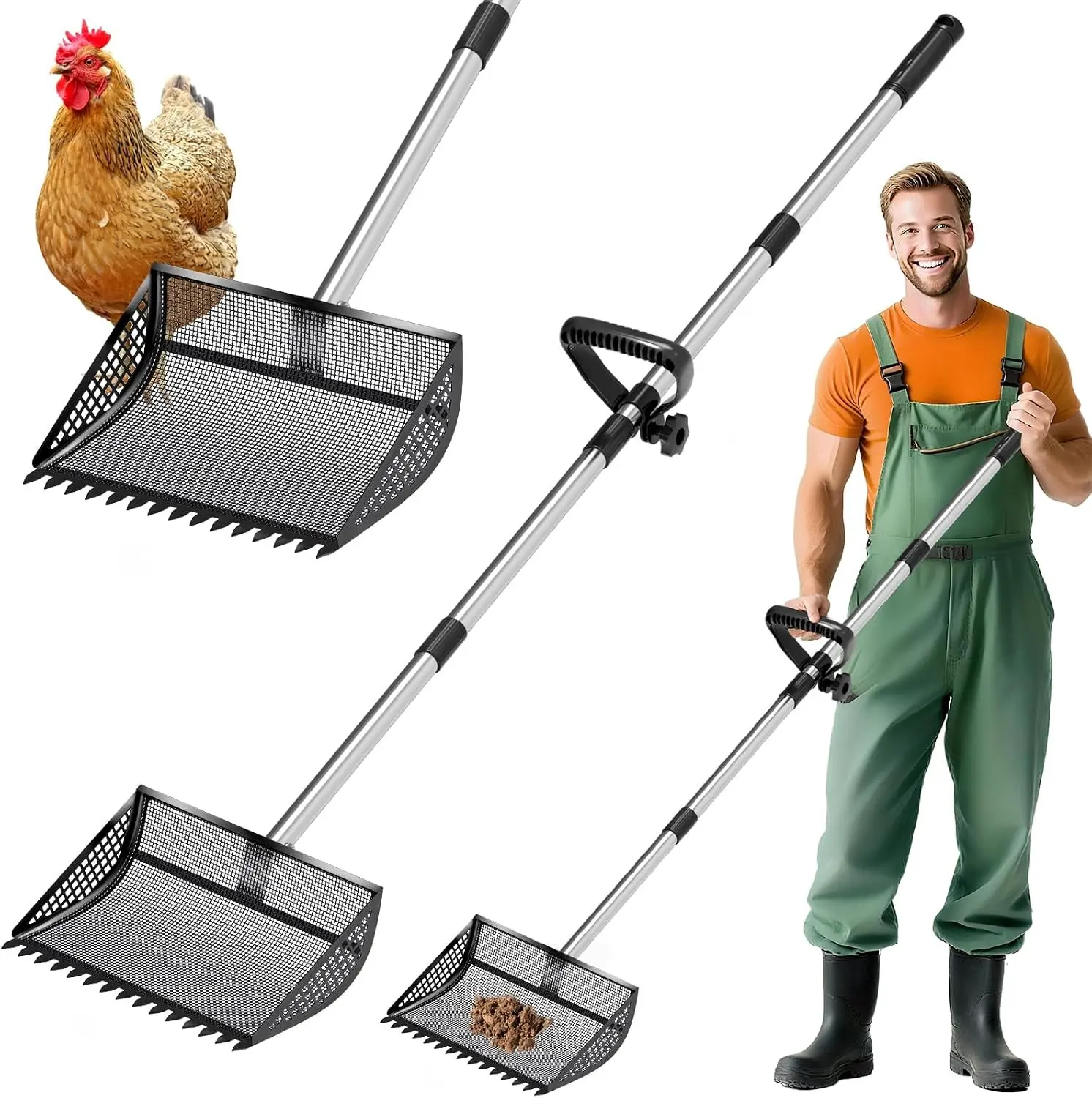 Chicken Poop Scooper Rake 2-in-1,304 Stainless Steel Shovel Head, Chicken Litter Scoop with Handle for Chicken Coop for Sand, Pet Waste Cleaning, Litter Sifting Shovel (35 to 65") (Black, 12inch) | Chicken Poop Scooper