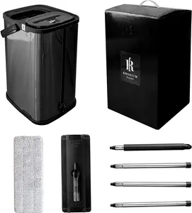 Rhodium Floors Black Flat Floor Mop and Bucket Set, Stainless Steel Bucket for All Types of Floors, Hardwood, Laminate, Tile Cleaning