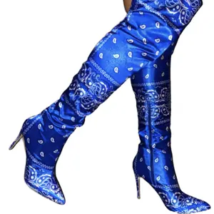 Blue bandanna thigh high boots Over-the-Knee