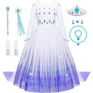 L-BN010   Girls Princess Costumes Snow Queen Princess Dresses Fancy Dress Up Clothes for Halloween Snow Party Cosplay, White