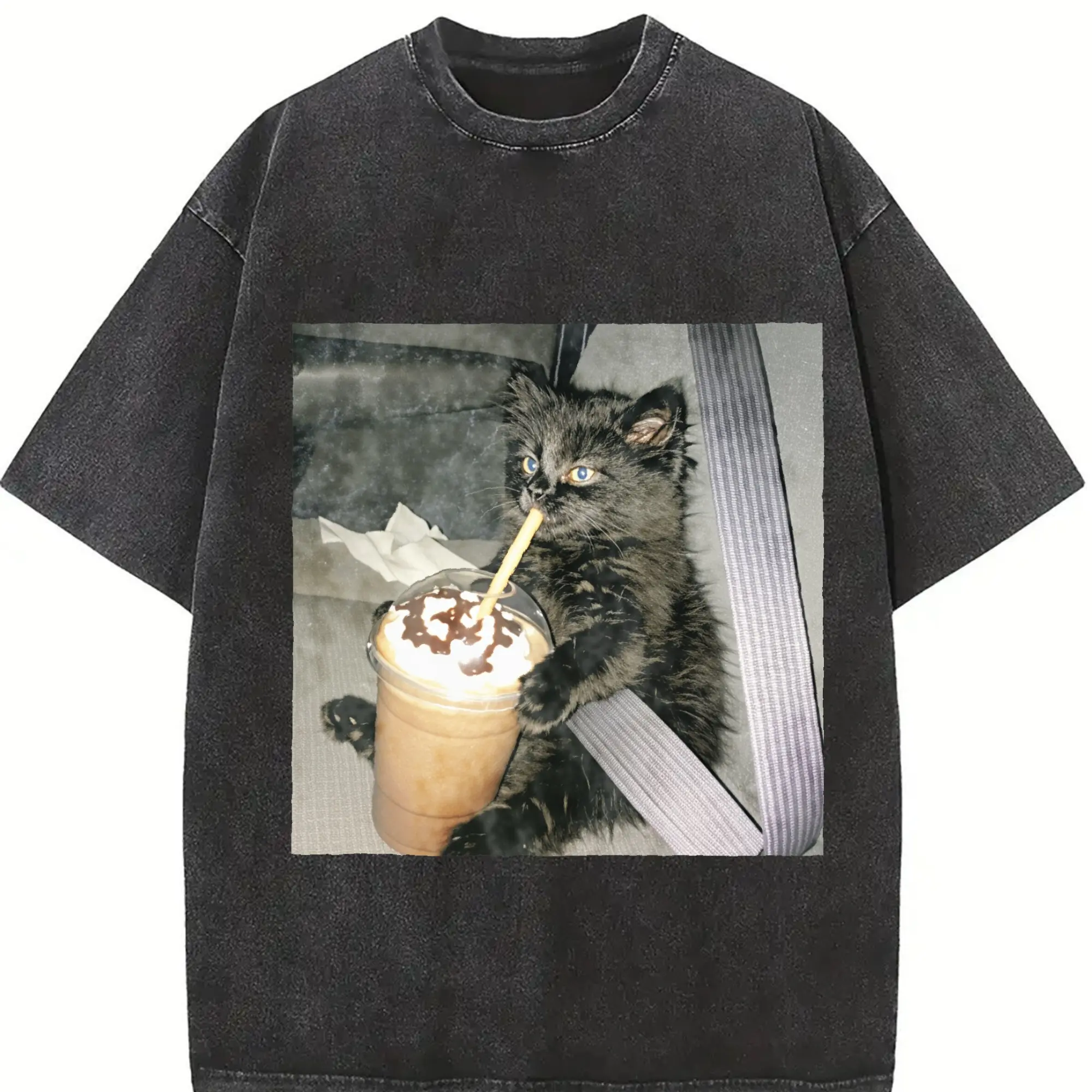 Women's 230G Washed Cotton Round Neck Short-Sleeve Streetwear T-Shirt - High-Quality Batik Retro Brand Top, Cat & Coffee Cup Car Print, Loose Fit Clothes, Casual Couple's T-Shirt Gift for Cute Animal Lovers, Do Not Bleach