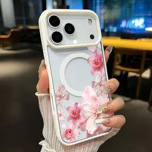 Magnetic Soft Case for iPhone 17 16  Pro Max Plus 15 14 13 12 11 Air E Blush Floral Cascade Pattern Anti-Yellowing Shockproof ultra-thin Silicone Crystal Transparent Acrylic Cover Supports Wireless Charging