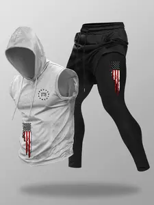 Summer Men's Casual Sports Set with Flag Pattern Printing, Sleeveless Hoodie and Drawstring Long Pants, Comfortable Breathable Fabric for Outdoor and Daily Wear