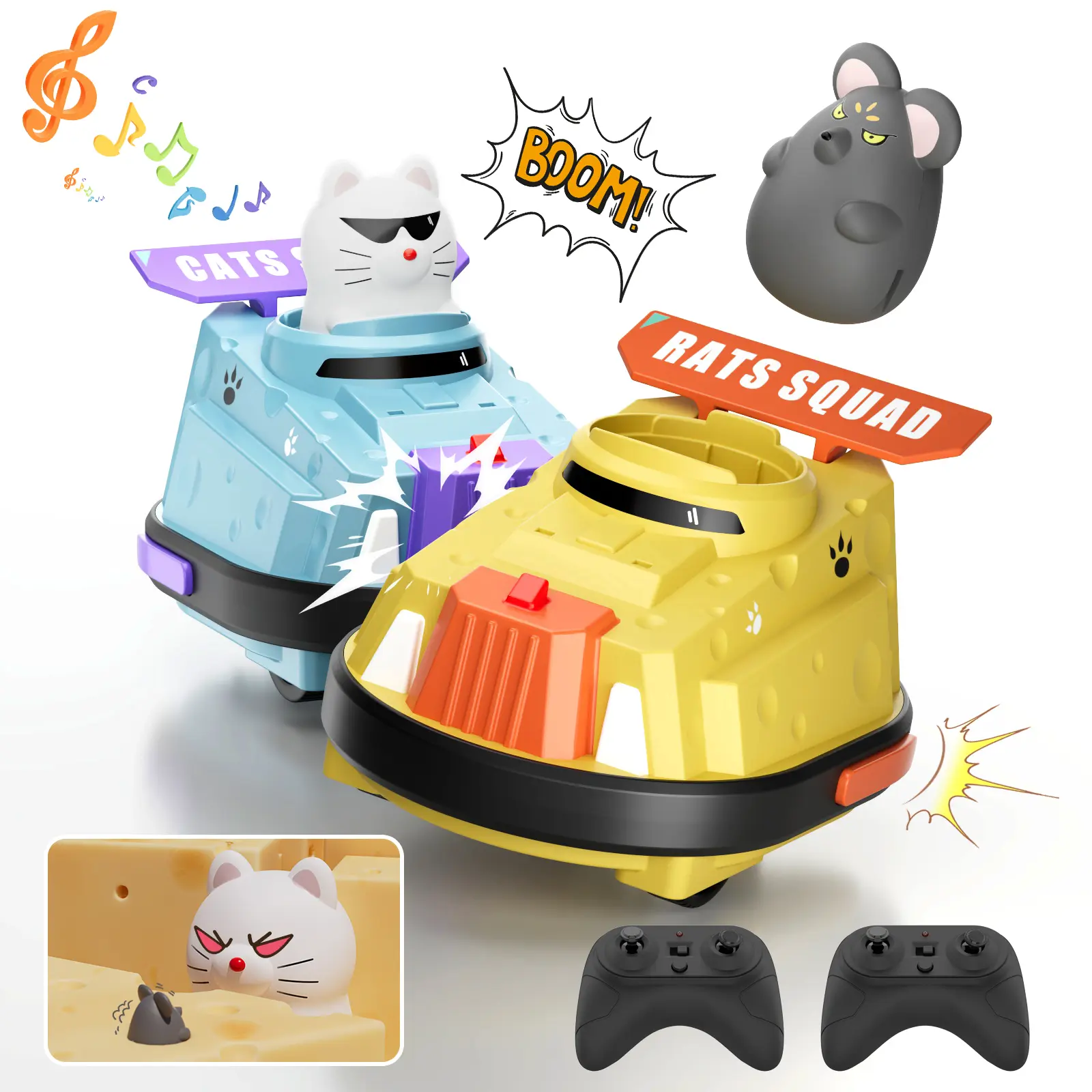 RC Cheese Bumper Cars Gifts for Kids, A Pair RC Ejecting Cat and Rat War Remote Control Car 2.4GHz Rechargeable Race 3-8 ages Toys Safe Non Toxic Materials