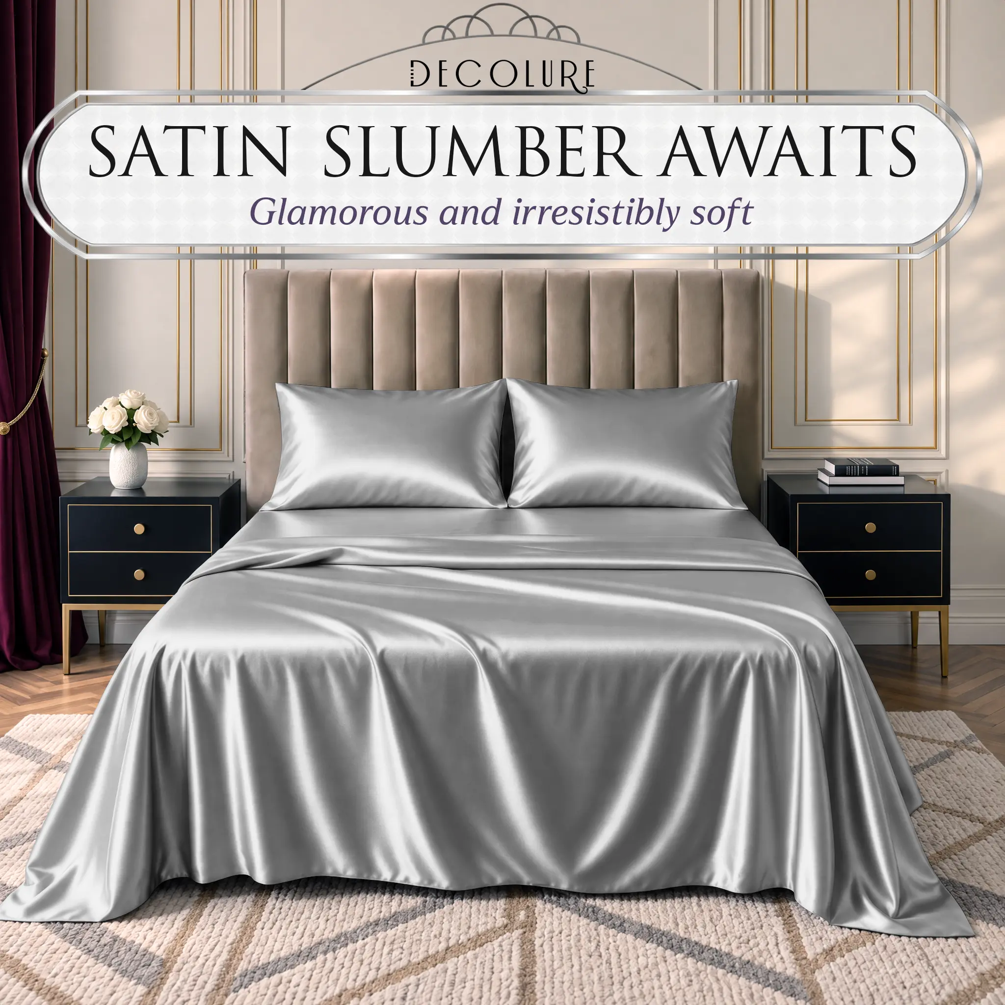 DECOLURE Satin Bed Sheet Set 4 Pc 6 Pc 1Pc - Silky Fitted Sheet, Hypoallergenic, Double Stitched, Wrinkle-Free, 15" Deep Pockets, Elastic Edges for Secure Fit, Luxuriously Soft Bedding