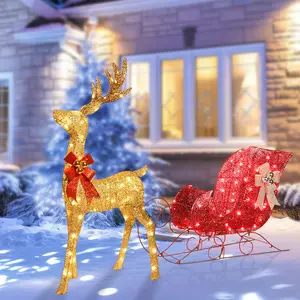 2Pcs Outdoor LED Holiday Decorations Lighted Christmas Decorations Reindeer &Sleigh, Waterproof Plug Extension Cord Easy to Install Light up Christmas Decor Deer Set for Home Front with 160 LED Lights, Glod Christmas Reindeer Sleigh Lighted Ornaments