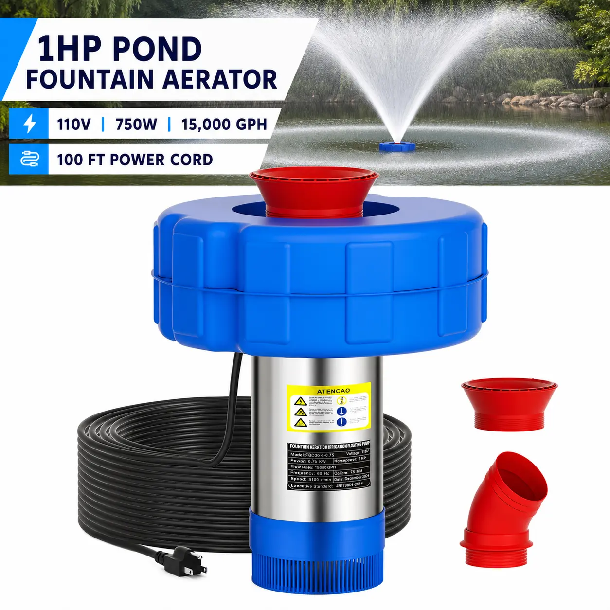 Easy-to-Install 1HP Floating Pond Fountain Aerator (110V) — Plug-and-Play Submersible Pump with 100ft Extra-Long Power Cord, Premium PVC Float, and Interchangeable Nozzles for Lakes, Large Ponds, and Backyard Water Features, Aeration System, Low Profile