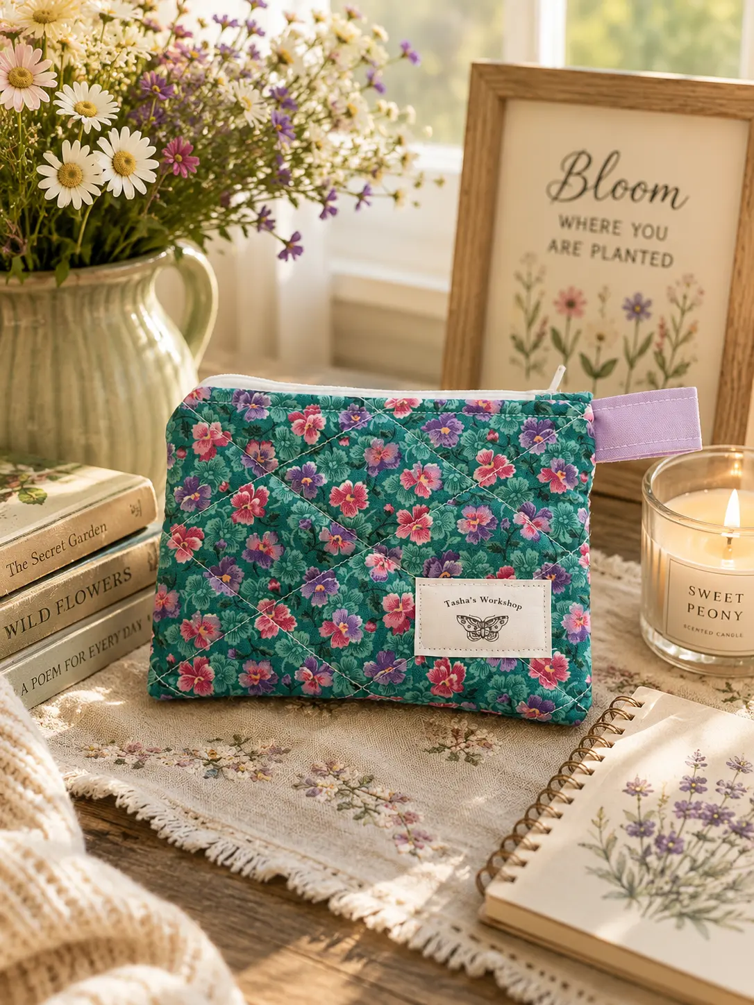 Purple Wildflower Quilted Zipper Wallet