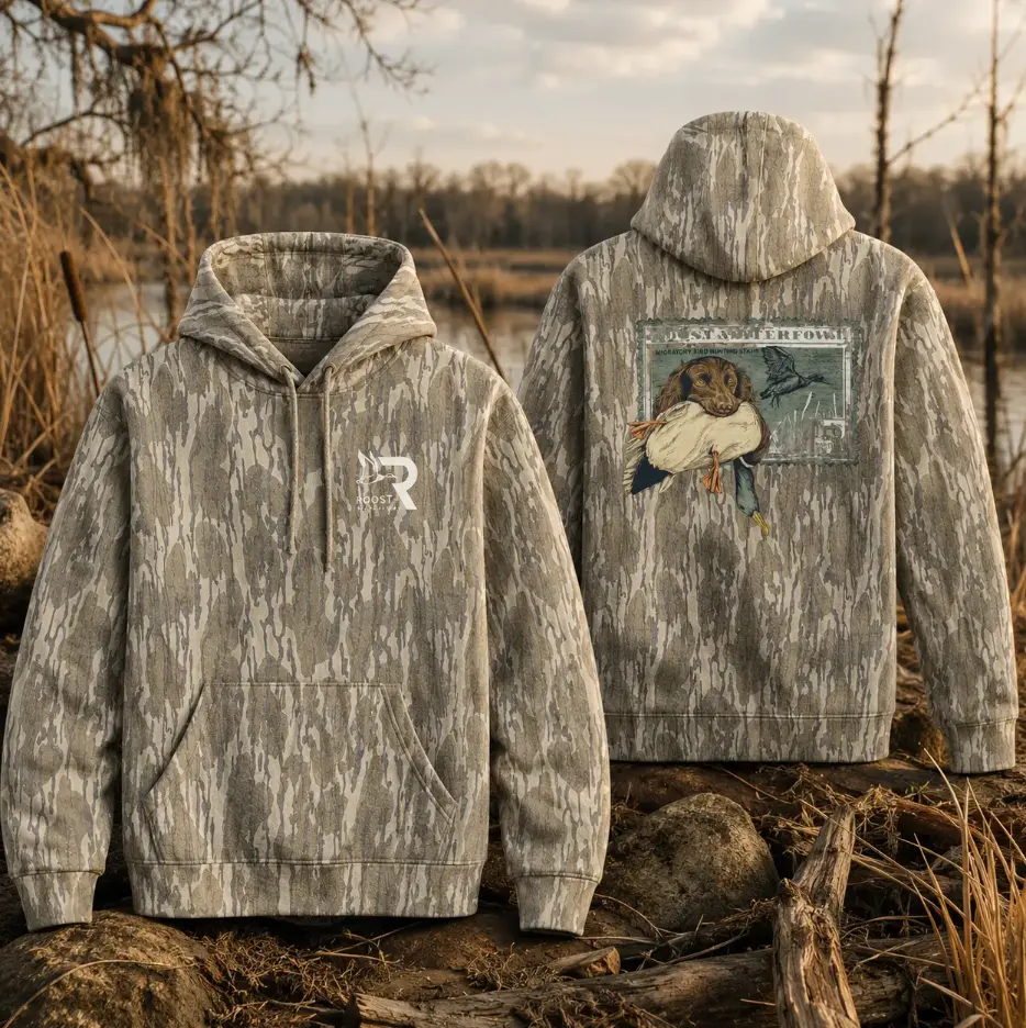 Mossy Oak Original Bottomland Roost Waterfowl Boykin Stamp Washed Out Camo, Western Rodeo Graphic Sweatshirt, Vintage Camo Cowboy Aesthetic, Country Streetwear for Men & Women Fabric, Gift for Fan