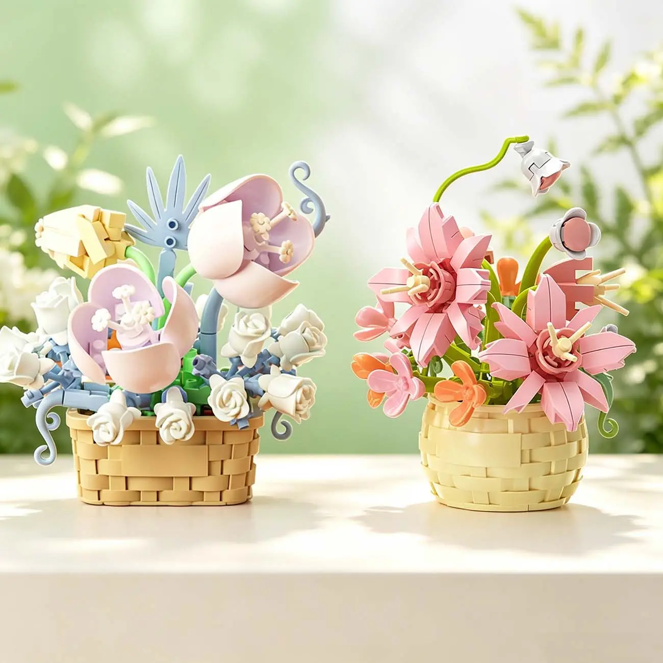2-Pack Unisex DIY Plastic Mini Flower Basket Building Block Toys, 12+ Years Unassembled Colorful Pastel Floral Bouquet Set with Woven Basket, Decorative Desktop Botanical Bricks Gift for Women
