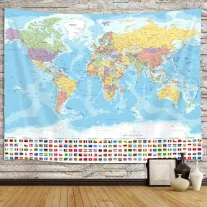 World Map Tapestry Wall Hanging, World Map and National Education Wall Tapestry Room Decoration, Boys and Girls Children's Map Bedroom Living Room Office Classroom Tapestry