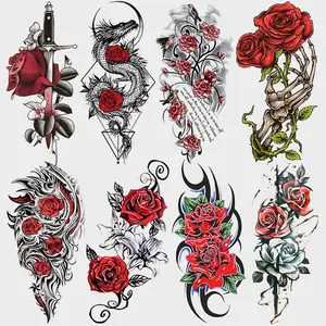 8-Piece Colorful Rose Skull Dragon Arm Sword Temporary Tattoo, Waterproof Realistic Fake Tattoo Sticker, Suitable for Adult Men and Women, Body Art Large Half-Sleeve Temporary Tattoo Sticker