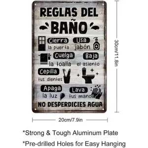Spanish Bathroom Fun Rules Vintage Aluminum Metal Typographic Sign 8x12 Inch - Retro Style Poster for Garages, Streets, Alleys, Bathroom Decorations, Wall Decor