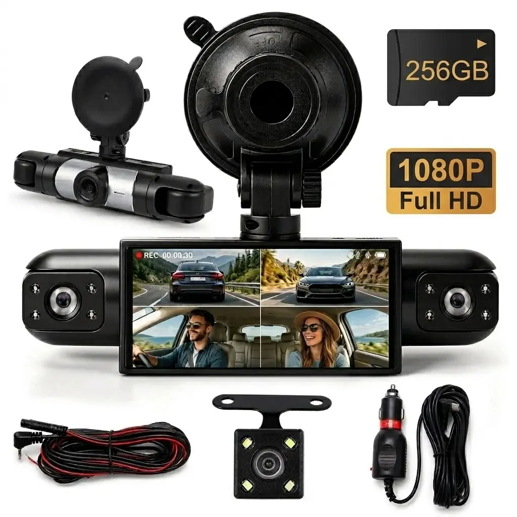 4 Channel Car Dash Cam 1080P HD Front Rear Left Right Quad Lens Video Recorder With 3.16 Inch IPS Screen Night Vision Wide Angle G Sensor Wired Plug and Play Not Wireless Includes 256GB SD Memory Card