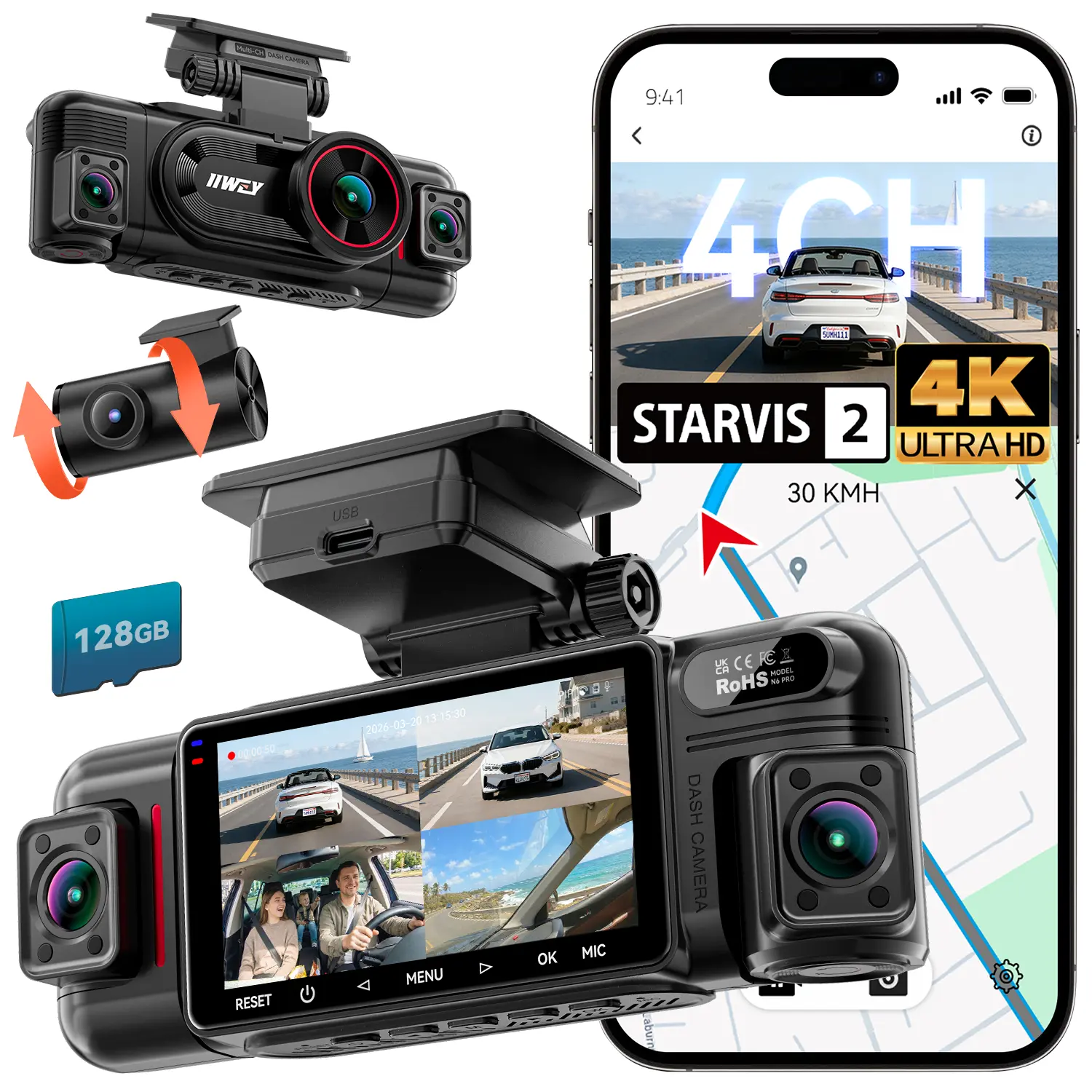 【Pro Edition】IIWEY N6 PRO STARVIS 2 4K 4-Channel Dash Cam, 360° All-Around View (4K+1080Px3), Front Rear and Dual Inside Car Camera, 5GHz WiFi, GPS, 8-IR Lamps Night Vision, Free 128GB Card, 24/7 Parking Mode