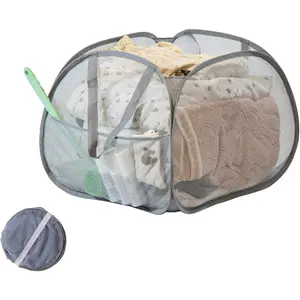 Collapsible 90L Foldable Pop-up Laundry Hamper with Handles Square Mesh Dirty Clothes Basket for Laundry Bathroom Kids Room Dorm Travel or Camping Gray