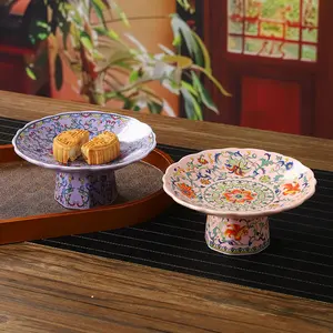 Ru Kiln Blue and White Porcelain High-footed Fruit Plate Tea Snack Plate Small Exquisite Dessert Plate Chinese Ceramic Fruit Pastry Plate Dish