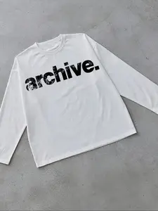 Men's Casual Long Sleeve T-Shirt, Loose Oversized Fit, Vintage Style Letter Print, Spring & Fall Fashion, High Street Archive Design, Streetwear