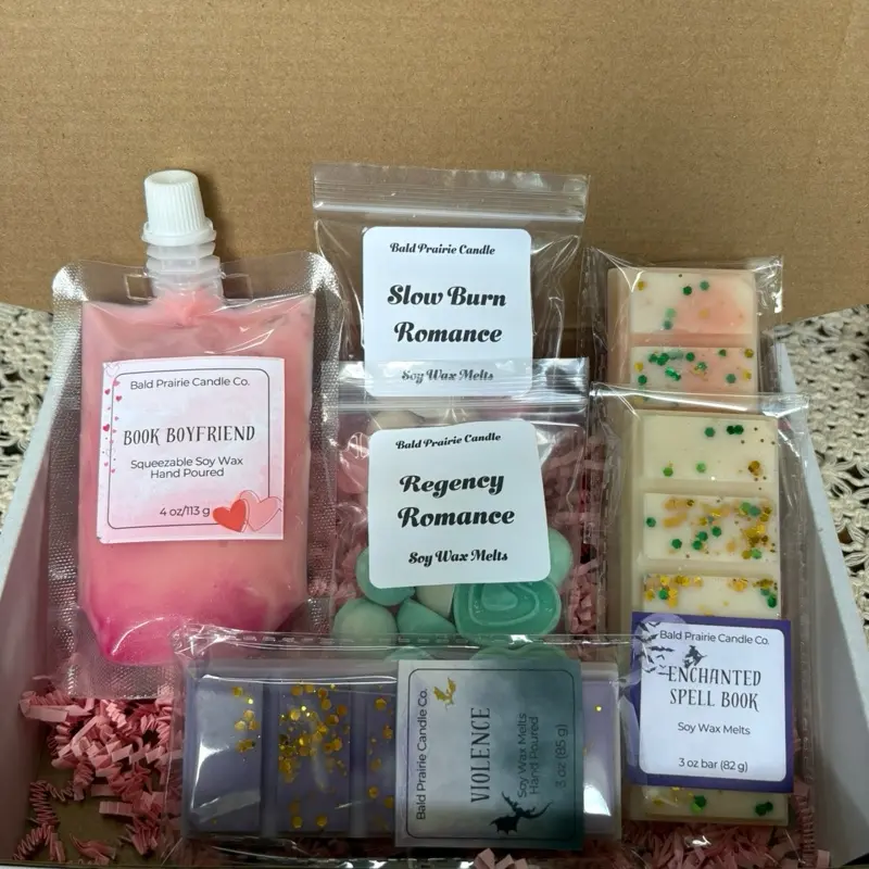 Bald Prairie Candle Co. Bookish Theme Scented Wax Melts Box- Hand Poured Soy Blend Wax Melts Multiple Scents Available Snap Bars, Squeezable Wax Melts Cozy Fragrance Aroma Candle