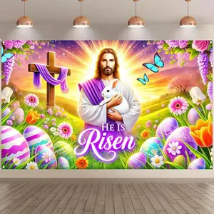 1pc "He is Risen" Easter Wall Decor Banner Polyester Backdrop with Cross, Lamb, and Floral Design | Vibrant Spring Religious Photography Background for Party Decorations and Photo Booth Props, Photo Booth B