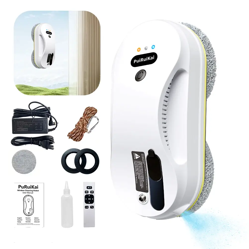 PuRuikai Smart Window Cleaning Robot with Auto Spray, 5600Pa Strong Suction, Anti-Fall Safety Lanyard, Automatic Edge Detection for Streak-Free Cleaning on High-Rise Windows & Glass Surfaces