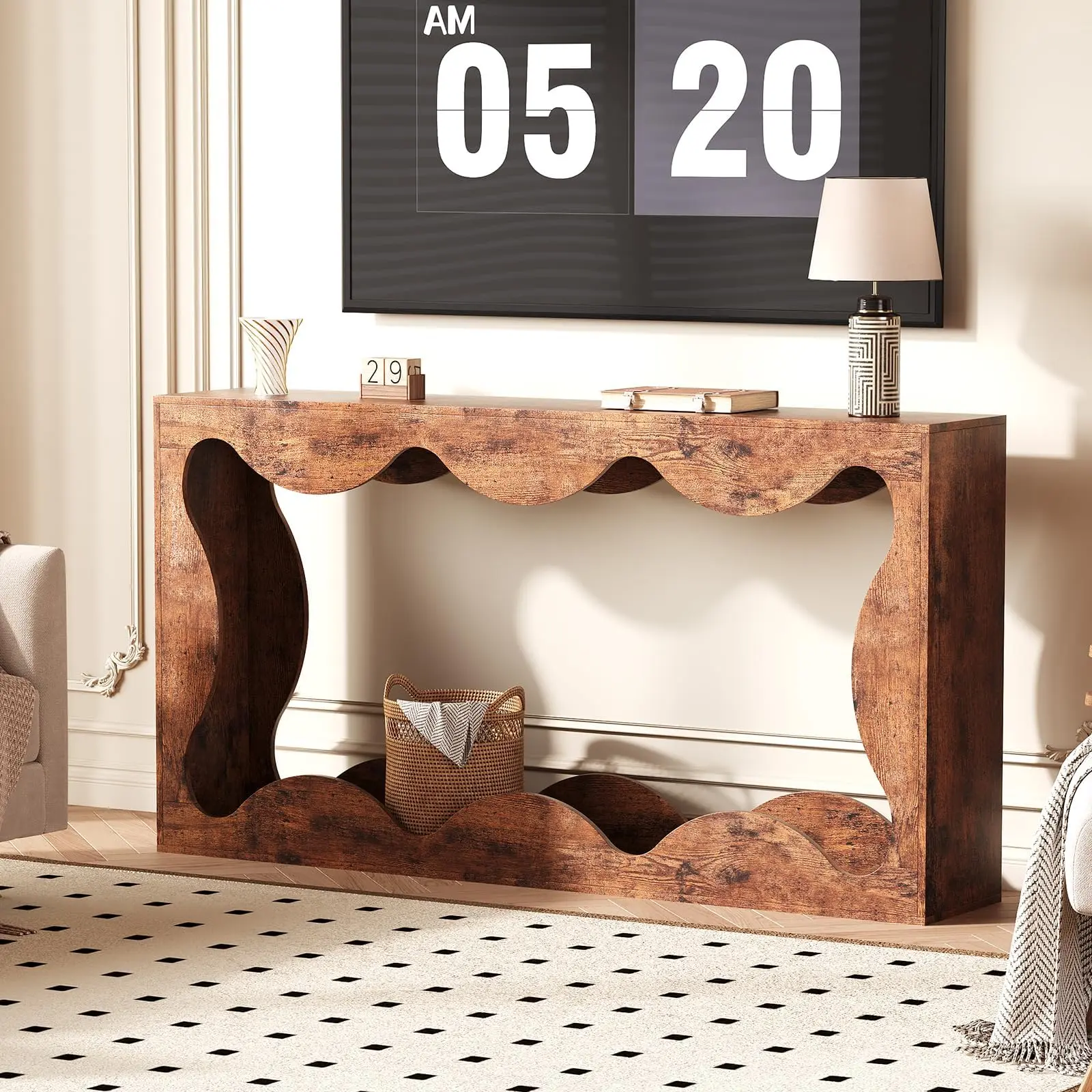 Garvee 63" Rustic Scalloped Entryway Console Table, Narrow Wood Sofa Table with Storage, Ideal for Living Room, Hallway, and Apartments in Brown Finish