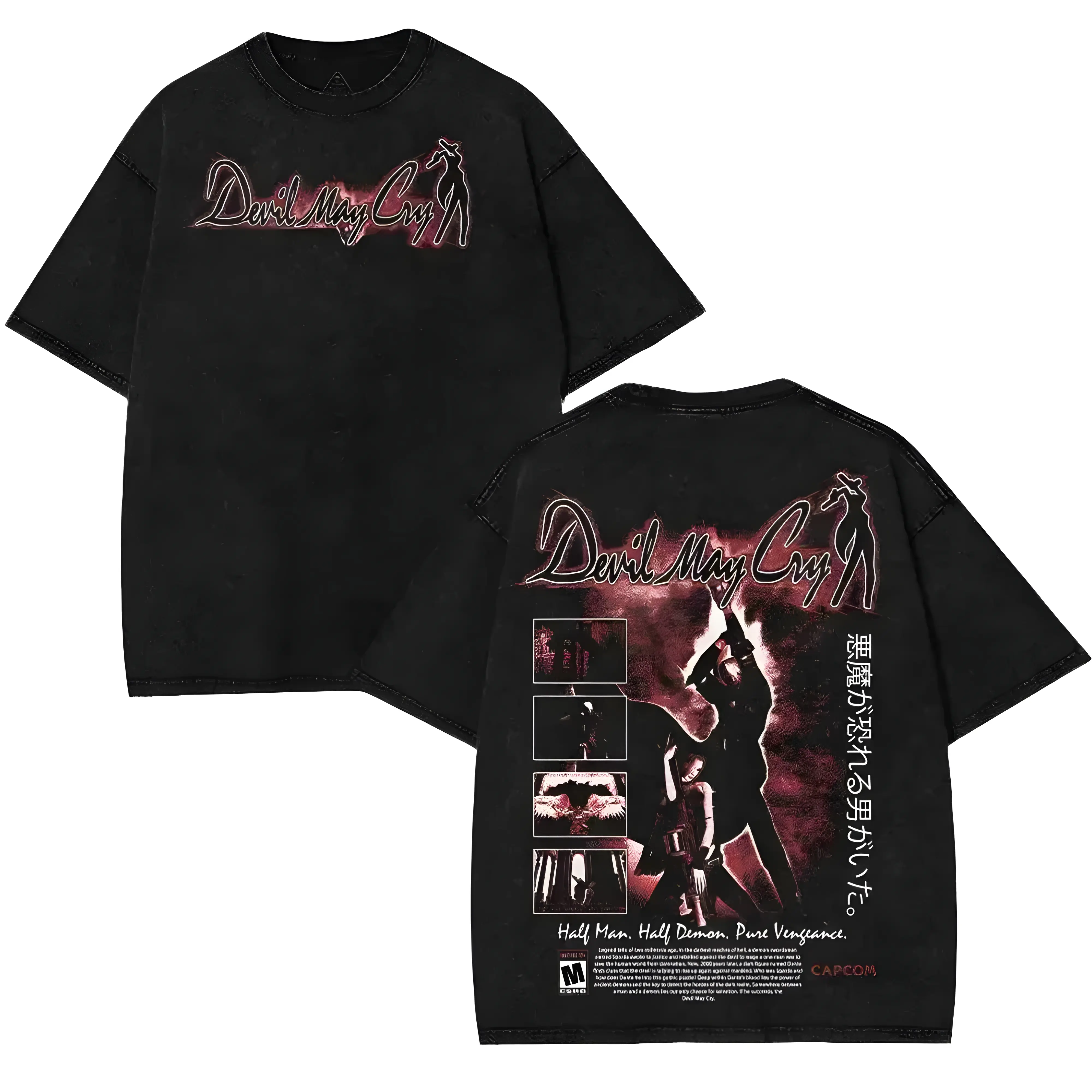 Men's Devil May Cry 1 Dante & Trish Son of Sparda Vintage Graphic Tee - 2-Sided Washed Soft Cotton Oversized Ribbed Round Neck Streetwear Casual Tshirt, Menswear Top