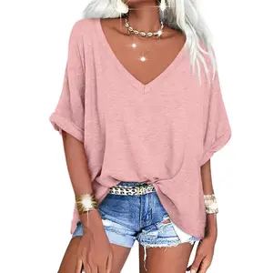 Women's V-Neck Batwing Sleeve Stretchy Summer Tee, Casual Plain Short Sleeve T-Shirt, Ladies Clothes Womenswear for Daily Wear