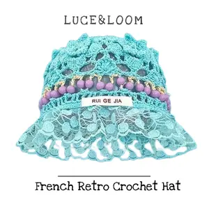 【LUCE&LOOM】Handmade Crochet Bucket Hat for Women | Sweet Lace Trim Fisherman Cap | Cute Bead Detail Summer Hat | Casual Daily Wear Beach Headwear
