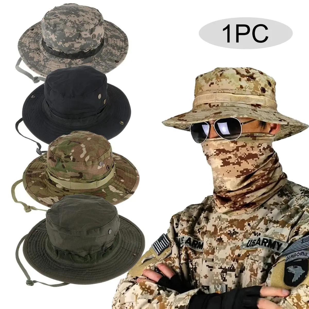 Camouflage Tactical Boonie Hat for Men, Outdoor Fishing Hiking Cap, Sun Protective Bucket Sniper Hat, Sunscreen Leisure Hat, Camping Climbing Gear, Bucket Hats