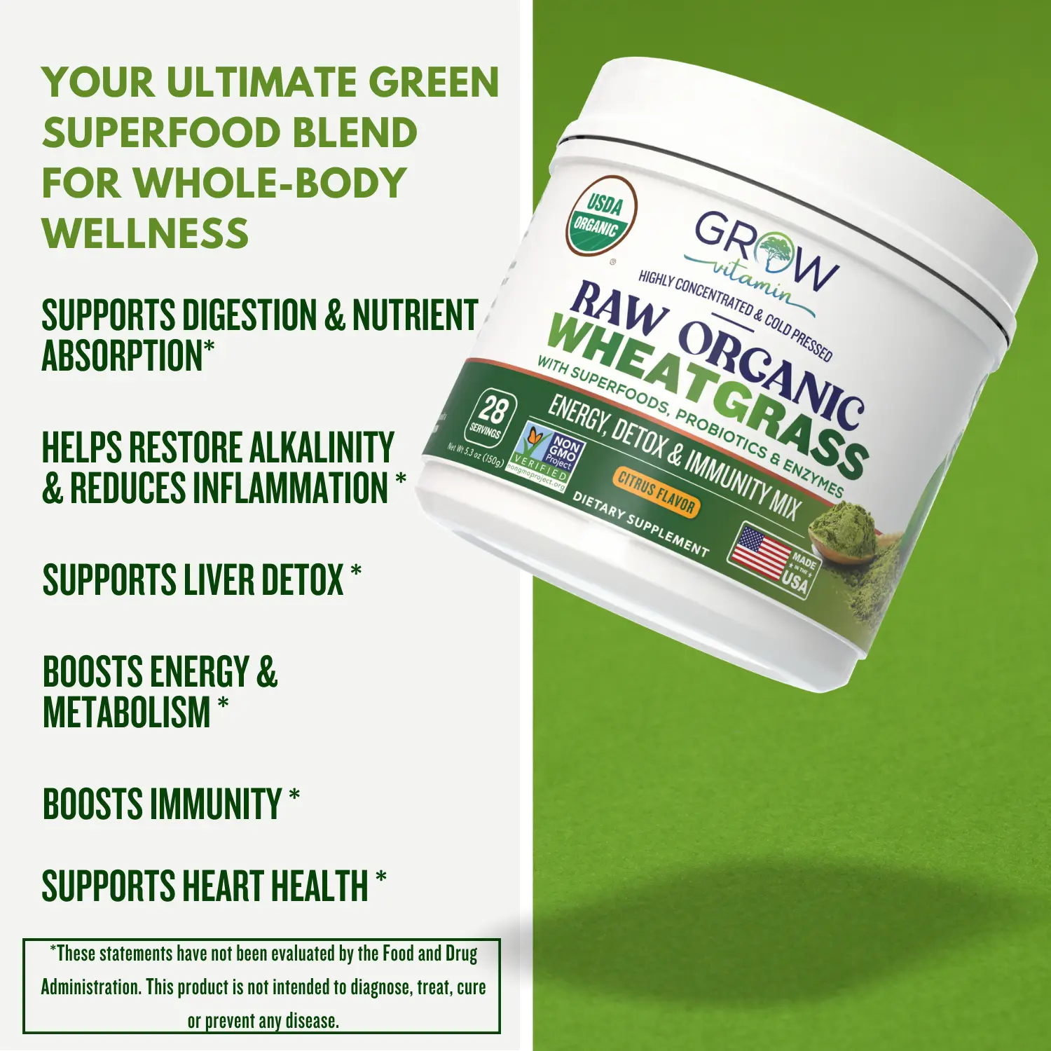 100% USDA Certified Organic Wheatgrass Powder Dietary Supplement - Non-GMO, Gluten-Free, Inulin (Agave) Citrus Lime Superfood Blend for Fitness & Energy Boost, Gmo Free