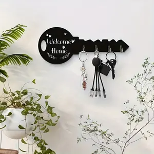 Welcome Home Key Shape Wall-Mounted Key Holder, Wooden Entryway 4-Hook Key Rack, Decorative Key Storage Box, /