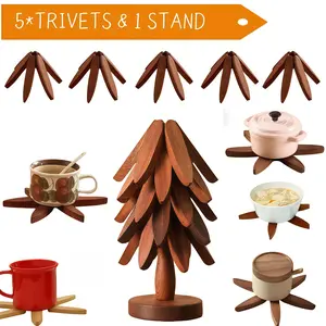 HomeBeauty Natural Wooden Placemat Set Tree-Shaped Tray Collection 5 Trays + 1 Stand Heat-Resistant Eco-Friendly Eco-Funanrink Small electric LTSwoods Rug grain finish