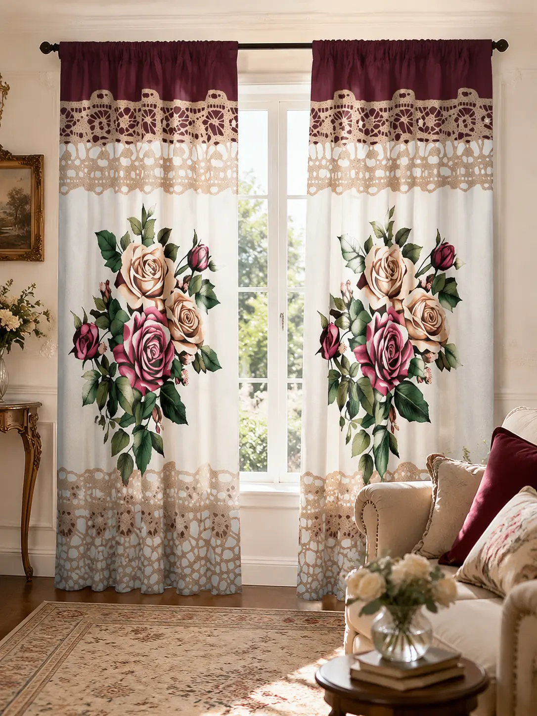 2-Panel Vintage Lace Border Rose Print Home Decorative Curtains, Burgundy Rod Pocket Floral Drapes, Wrinkle Resistant Durable Non-Customised Ready-Made Light Filter Polyester Curtains for Farmhouse Bedroom, Home Decorative Curtain, Ready Made Curtains