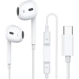 USB-C/Lightning wired headphones with microphone and volume control – wired earbuds with a built-in remote control to control music, calls, and volume.