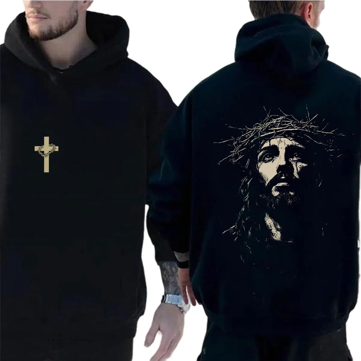 Jesus Crown of Thorns Double-Sided Christian Unisex Pullover Hoodie, Faith-Based Religious Hooded Sweatshirt for Men and Women