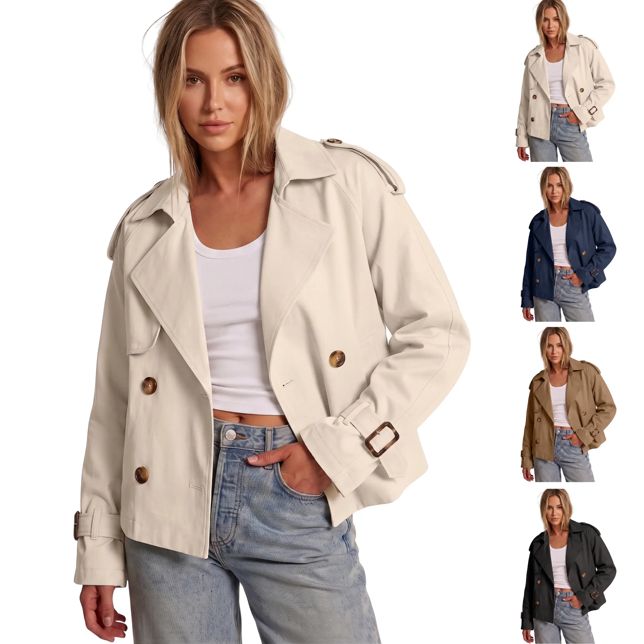 JovenPara Women Crop Double Breasted Trench Coat Short Cropped Jacket Raglan Sleeve,Work,Office,Dressy Casual,Pockets,Trench Jacket,Trendy,Spring,Fall